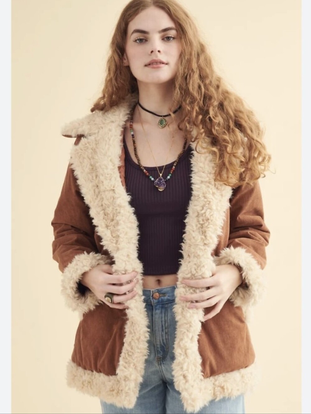 Tan Retro Corduroy Faux Fur Trim Coat Jacket Whimsigoth Hippie Bohemian Goth XXL